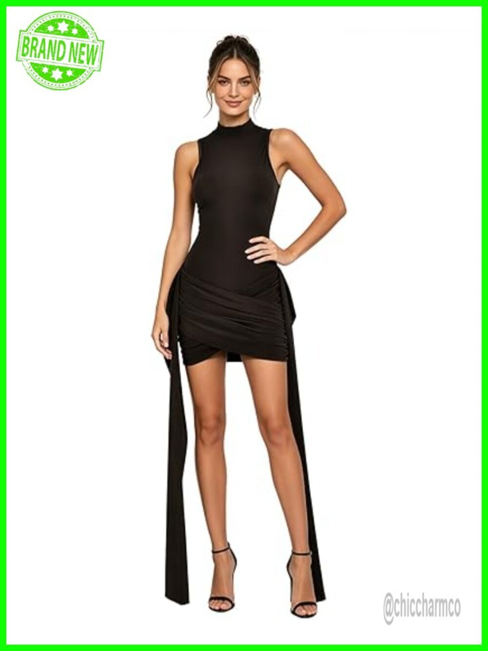 Sexy Turtleneck Sleeveless Mini Dress Bodycon Ribbon Ruched Bandage Tank Party